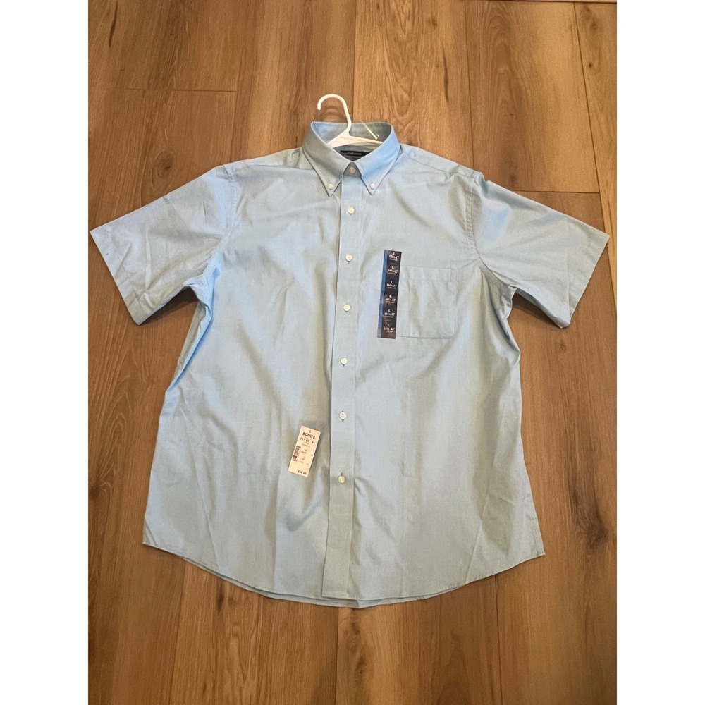 Croft & Barrow Mens L 16.5-17 Blue Short Sleeve Button Down Shirt Classic Fit NW
